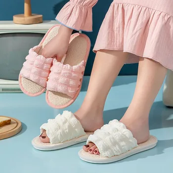 2023 Kadın ev terliği INS Tarzı Pilili Kabarcık pamuk terlikler Tatlı Kız Ev Ayakkabıları Yumuşak Düz Pamuk Kenevir yatak odası terlikleri