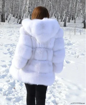 Yüksek Kaliteli Kürklü Gümüş Tilki Taklit Kürk Mont ve Ceketler Kadın Kabarık Ceket Kapşonlu Kalın Sıcak Kış Kürk Ceket Manteau Femme