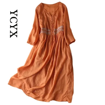 YCYX Bahar kadın Elbise %100 % Pamuk Yuvarlak Boyun Bilek Uyku Catsuit Nakış kadın Diz Boyu Lüks Tasarımcı YCYX075