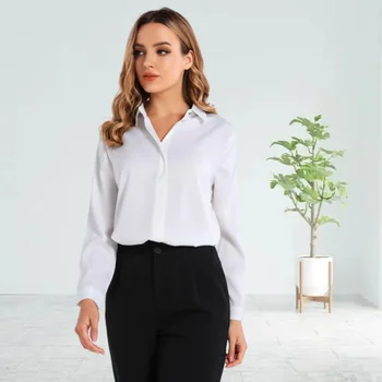Saten Kadın Bluz ve Gömlek İpek Kadın Beyaz Gömlek Kadın Uzun Kollu Gömlek Temel Bayan Üstleri 2023 Moda OL Kadın Giyim