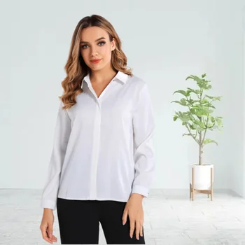 Saten Kadın Bluz ve Gömlek İpek Kadın Beyaz Gömlek Kadın Uzun Kollu Gömlek Temel Bayan Üstleri 2023 Moda OL Kadın Giyim