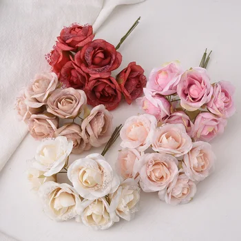 6 adet İpek Gül yapay Çiçek Buket Düğün Parti Dekorasyon DIY El Yapımı Çelenk Hediye Scrapbooking Craft Sahte Çiçekler