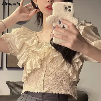 Puf Kollu Bluzlar Kadın Patchwork Moda Ruffles Mizaç Kırpma Üstleri Hotsweet Prenses Kore Tarzı Yeni Yaz Şık Bayanlar