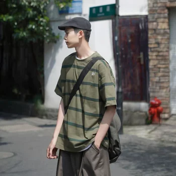 2023SS Vintage çizgili tişört Hong Kong Çok Yönlü Kısa Kollu Tees Kore Yüksek Sokak Erkekler Koyu Renk Altlık