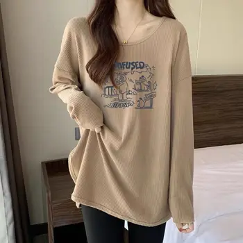 Moda O-boyun Gevşek Baskılı günlük t-Shirt Kadın Giyim 2023 Sonbahar Kış Yeni Tüm Maç Kazak Kore Tee Gömlek