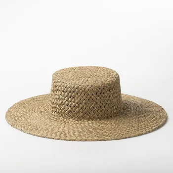 Açık hava turizmi için el dokuması yosun düz üst hasır şapka, güneşten korunma plaj gölgeleme, düz üst şapka