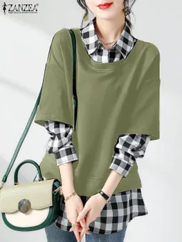 Sonbahar Uzun Kollu Patchwork Gömlek ZANZEA Kadınlar Vintage Bluz Casual Sahte İki Adet Ekose Üstleri Gevşek Blusas Boy