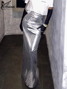 Oymımı Bodycon Gümüş Pu Deri Kadın Etekler 2023 Moda İnce Yüksek Bel Uzun Etek Zarif Parti Kulübü Etek Kadın Giyim