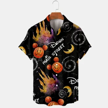Yeni Cadılar Bayramı Koleksiyonu Disney Marka Dikiş ve Mickey Anime 3D Baskılı erkek Yaka Kısa Kollu havai gömleği Y2k