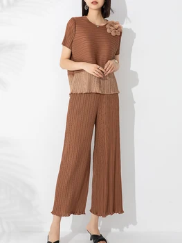 Miyake issey Miyake Pilili 2023 Yeni moda elbise Renk İşlemeli Çiçek Bluz Gevşek Pantolon İki Parçalı Setleri
