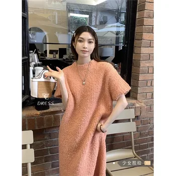 Örme Kazak Elbiseler Kadın Kazaklar Yuvarlak Boyun Kısa Kollu Düz Örme Elbise Sonbahar Kış Zarif Casual Triko