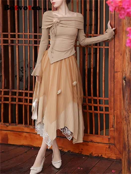 Botvotee Asimetrik 2 Parça Setleri Bayan Kıyafetleri 2023 Çin Tarzı Uzun Kollu Kare Yaka Üstleri Şık Vintage Midi Etek Setleri