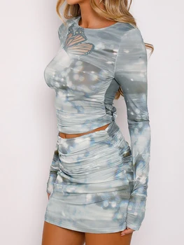 Kadın 2 Parça yaz kıyafetleri Uzun Kollu Kelebek Baskı Dantelli Kırpma Üstleri Mini Etek Seti Clubwear
