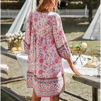 Kadınlar uzun kollu V boyun Boho Vintage çiçekli elbise yaz kısa Beachwear elbise