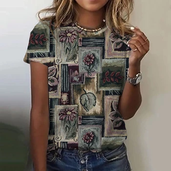 Moda kadın T-shirt Baskılı Yaz Tees Kısa Kollu Elbise Kadın Retro Çiçek Kazak Sıcak Rahat Günlük Ince sıfır yaka bluzlar