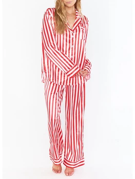 Kadın Noel Pijama Set Çizgili Uzun Kollu Gömlek Elastik Bel Pantolon Pijama Noel Tatil 2 PC Salonu Kıyafetler