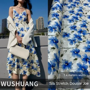 Ipek Streç Çift Joe Kumaş Dut İpek Malzeme Mavi Çiçek Baskı Boyalı Bahar Yaz Gömlek Elbise Akan Kumaşlar Metre Başına