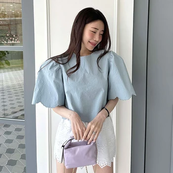 Kore Tatlı Nakış Kadın Bluzlar Vintage Zarif yazlık gömlek O Boyun Kısa Kollu Katı 2023 Yeni Varış Blusas Mujer