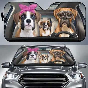 Komik Boxer Sürüş Kafa Bandı ve Gözlük Köpek Aile Yaz araba güneşliği, Boxer Araba Pencere güneş örtüsü, araç ön camı Dayanıklı V