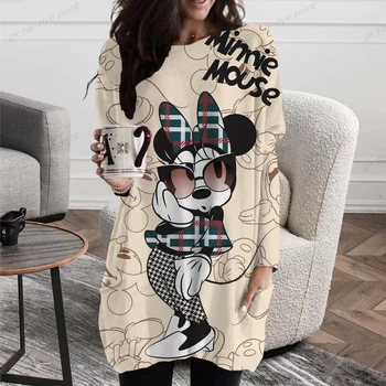 Yeni Sonbahar kadın Disney Mickey Minnie Mouse uzun kollu t-shirt Rahat Moda kadın T-shirt Ekip Boyun Kazak Y2K