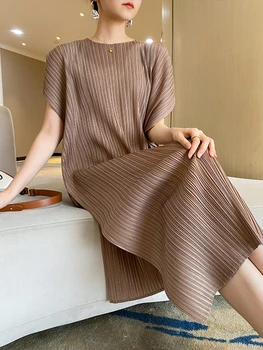 ALSEY Miyake issey Miyake Pilili resmi elbiseler Kadınlar için Yaz 2023 Yeni Yuvarlak Boyun Gevşek İnce Uzun Zarif Parti Elbiseler Kadın 2023 için