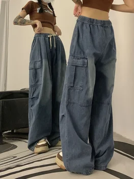 Peri Grunge Alt Elbise Vintage Streetwear Kore Y2K Baggy Kargo Kot Yüksek Bel Düz Geniş Bacak Pantolon Denim Pantolon