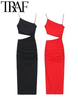 TRAF Y2K Kadın Moda Cut Out Kayma uzun elbise Casual Katı Koştu Backless Kolsuz Midi Elbiseler Kadınlar İçin Vestidos 2023
