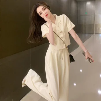 Xiaoxiangfeng Rahat İki Parçalı Kıyafet kadın Yaz 2023 Yeni Kısa Kollu Kırpma Üst Ve Geniş Bacak Pantolon Mizaç Basit Setleri