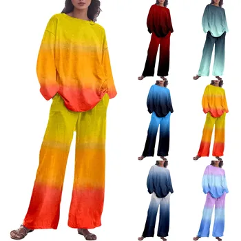 Degrade Renk 2 Parça Set Kıyafetler Gömlek Pantolon Kadın 2023 Moda Sonbahar Takım Elbise Streetwear Gevşek Büyük Boy Zarif Eşofman