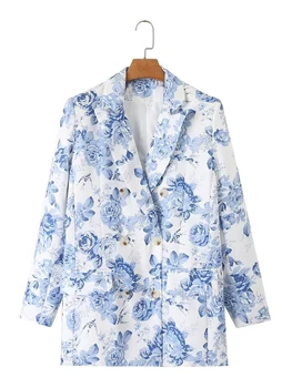 2023 Zarif Mavi Çiçek Baskı Bayan Streetwear Düz Gevşek Blazer Dış Giyim Moda Bayan Kruvaze Yaz Uzun Ceketler