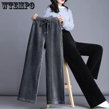 WTEMPO Kadife Geniş Bacak Pantolon kadın Sonbahar Kış Yüksek Bel Sıcak Temel Vintage Kore Tarzı Kadın Moda Harajuku pantolon