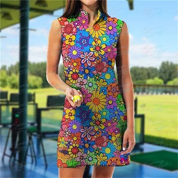 Yaz kadın Golf Çiçek Baskı Moda Kolsuz Elbise Spor Spor rahat elbise Nefes Çabuk Kuruyan Elbise