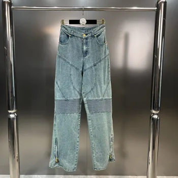 PREPOMP 2023 Yaz Yeni Koleksiyon Patchwork Tasarım Çizgili Yüksek Bel Fermuarlar Mavi Kot Pantolon Kadın Kot GK653