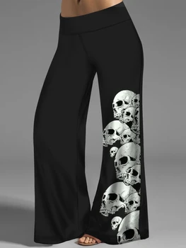 Kafatası Baskı Geniş Bacak Pantolon Yüksek Bel Gotik Gevşek Pantolon Sonbahar Yaz Cadılar Bayramı Kadınlar Kabak Baskılı Uzun Pantolon