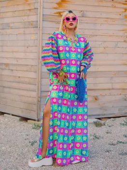2023 Yeni Kadın Vintage Baskı Maxi Elbise Zarif Fener Kollu Yan Bölünmüş Gevşek Vestidos Sonbahar Bayanlar Casual Yüksek Streetwear