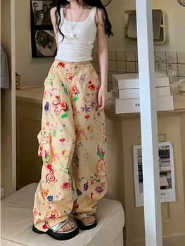Amerikan Moda Pantolon Yüksek Bel Cepler Graffiti Baskı Pantalones Mujer İlkbahar Yaz Casual Gevşek Streetwear kadın Giyim