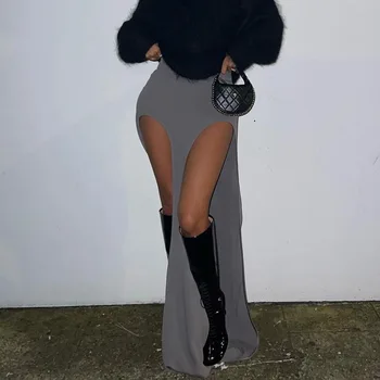 Kadınlar için yaz Uzun Etek Kadın Giyim Kesme Elastik Yüksek Bel Harajuku Siyah Maxi Etekler Streetwear Oymak