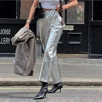 2023 INS Y2K Elbise Seksi Moda Yüksek Bel Düz pantolon Uzun Pantolon Gece Clubwear Sonbahar PU deri pantolon Kadınlar için