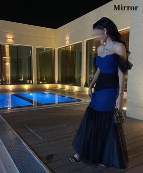 Ayna Elbise Zarif Vintage Siyah Mavi Mermaid Seksi Basit Kapalı Omuz Kat Uzunluk Balo Balo Elbise Akşam Partisi Törenlerinde