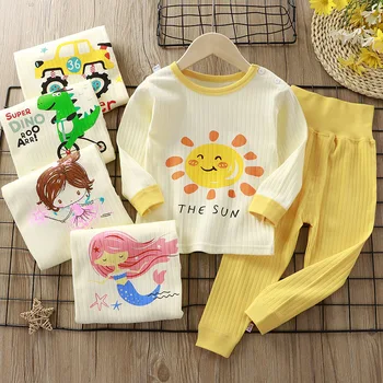 Çocuk yüksek bel iç çamaşırı kıyafetler pamuklu pijama muslin giysileri Kore erkek bebek kız giysileri bebek üst ve alt seti
