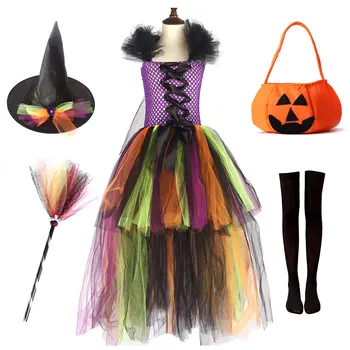 Çocuk Disguise Cadı Kostüm Kızlar için Cadılar Bayramı Tutu uzun elbise Şapka ile Karnaval Cosplay Parti Kıyafet Giyim Seti Çocuklar için