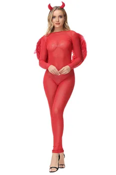 Kırmızı Şeytan Cosplay Üniforma Kadınlar için Seksi Bodysuit Kanatlı Şapkalar Cadılar Bayramı Partisi Şeytan Melek Tulum Sahne Gösterisi Kostüm
