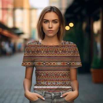 Moda retro tişört Etnik Tarzı 3D baskılı tişört yazlık t-shirt Kadın Yuvarlak Boyun T-shirt Gevşek günlük t-shirt