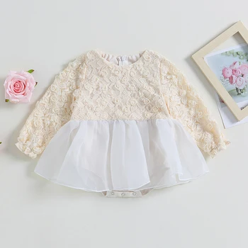 2023-06-28 Lioraitiin 0-3Years Bebek Kız Tulum Elbise 3D Çiçek Ekip Boyun Uzun Kollu Tül Etek Etek Yenidoğan Tulumlar