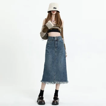Kruvaze Y2k Etek Maxi Kore Streetwear moda giyim Rahat Düz A-line Uzun Denim Midi Etekler kadınlar İçin 2023