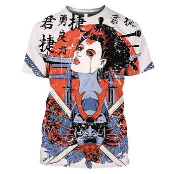 Japon geyşa 3D Baskı erkek tişört Yaz Yuvarlak Boyun Kısa Kollu Harajuku Üst bol tişört erkek Giyim Büyük Boy T-shirt