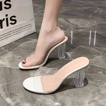 Retro Kadın Ayakkabı Bej Yüksek Topuklu Açık Tüm Maç Tıknaz Sandalet Ayakkabı Roma Tarzı Şeffaf Stiletto 12cm Kristal Outsi