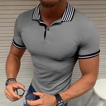 Yaz erkek Düz Renk POLO GÖMLEK Kısa Kollu Şerit Turn-Aşağı Yaka Düğme Tişörtleri Erkekler Casual Streetwear Yeni Erkek Üstleri