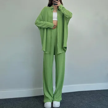 Yeşil Rahat Gevşek Loungewear Kadınlar Uzun Kollu Bluz Yüksek Bel pantolon seti Zarif Kadın Pijama 2 Parça pantolon seti Pijama