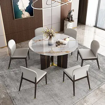 Dniing ahşap kaya kurulu yemek masası seti italyan ışık lüks Modern basit küçük daire yuvarlak mutfak masa mobilya